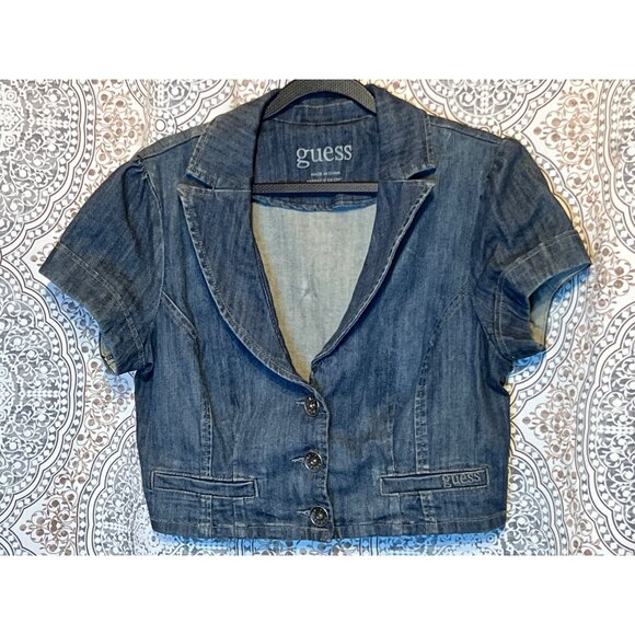 Guess Womens Denim Cropped Jacket Size L Short Sleeve Button Front - Picture 2 of 11